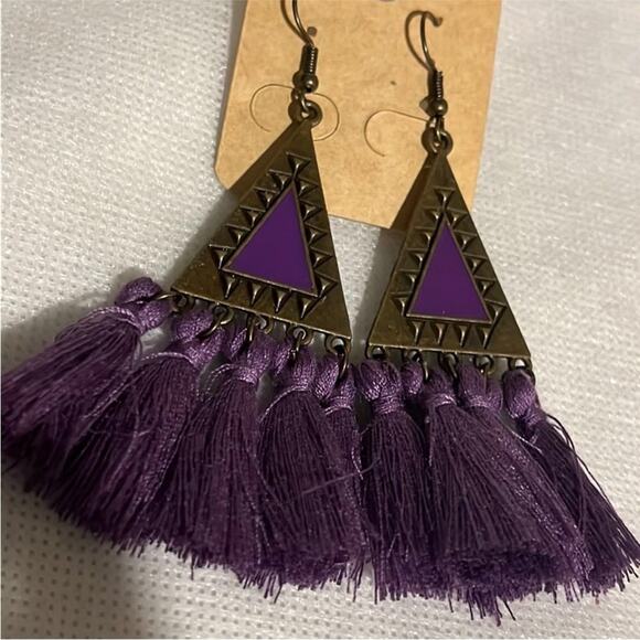 Boho Festival Copper Sphere Metalwork Agate Beads Purple Tassel Dangle Earrings - Picture 11 of 16